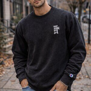 VTG Y2K Champion Reverse Weave Black Heavyweight Sweatshirt Embroidered Logo M